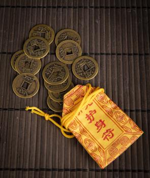 Chinesische Glücksmünzen, klein, 12er Set im Säckchen